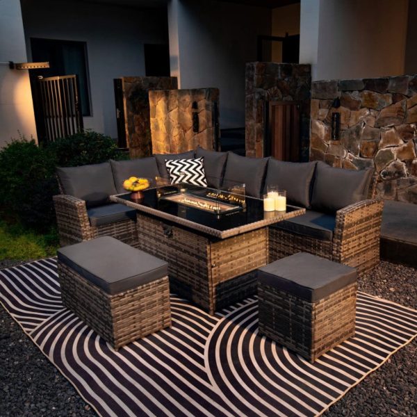 9 SEATER RATTAN GARDEN FURNITURE CORNER SOFA SET WITH FIRE PIT DINING TABLE